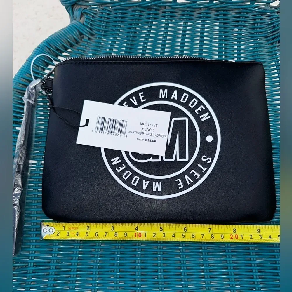Steve Madden Black Round Logo Zip Clutch